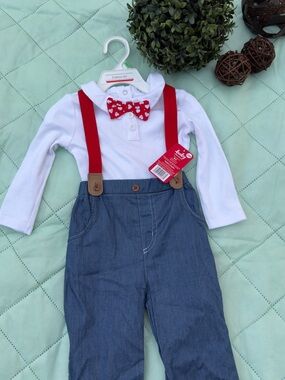 Baby Starters White Top with Red Bow Tie and Red Suspenders, Blue Pants
